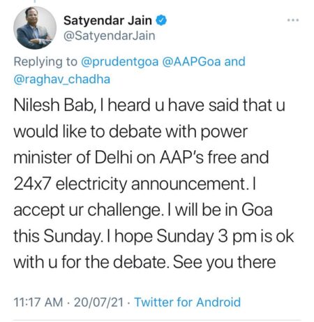 Delhi Power Minister accepts Cabral’s challenge for power debate