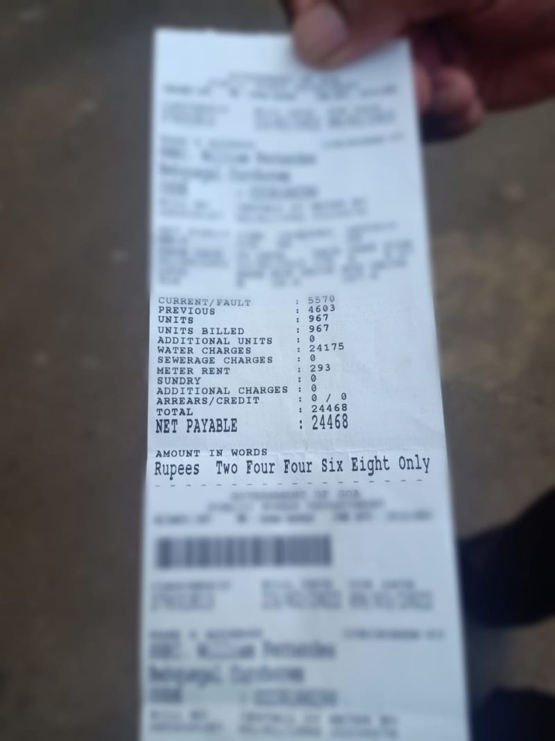 Exhorbitant water bills received by a residents of Bepakghal Curchorem