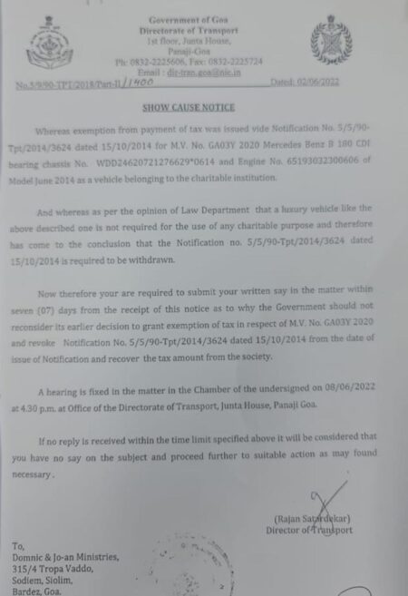 Now show cause issued to Dominic over exemption in road tax for Merc