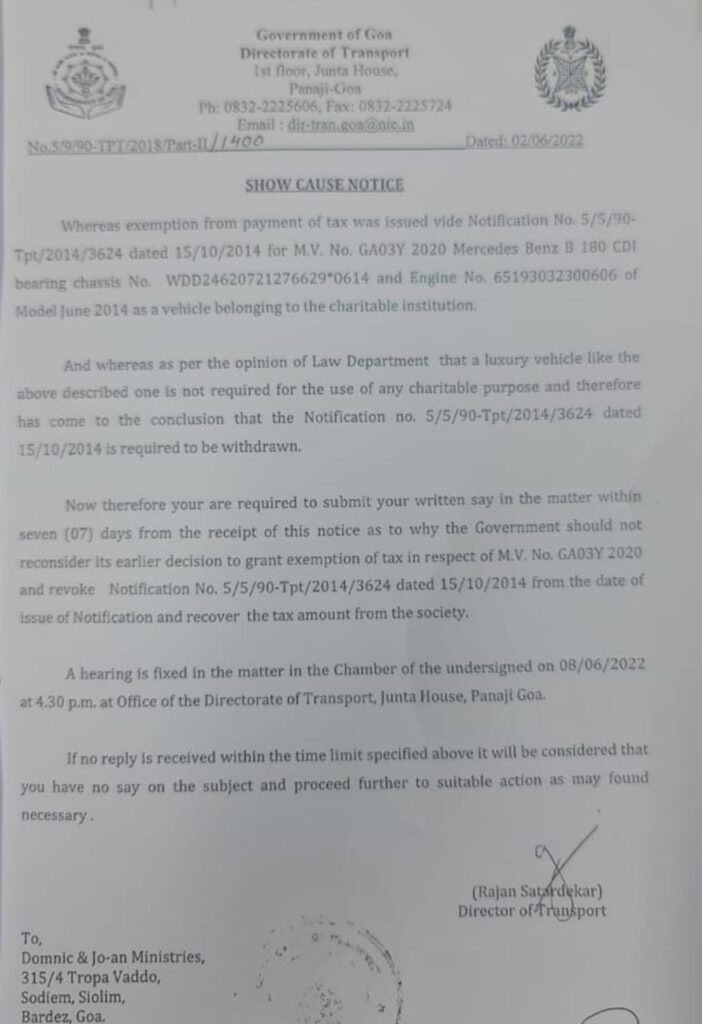 Now show cause issued to Dominic over exemption in road tax for Merc