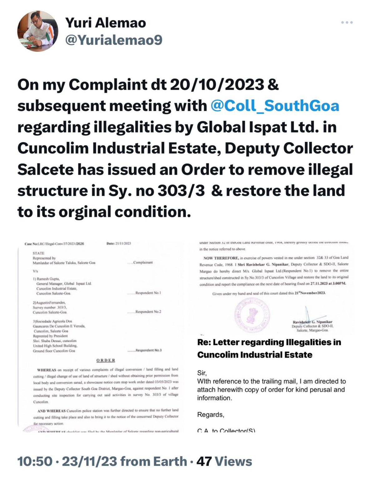 Dy collector’s order once again exposes illegalities in Cuncolim industrial estate: LoP Alemao