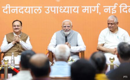 PM Modi Meets Party Staffers At BJP Headquarters