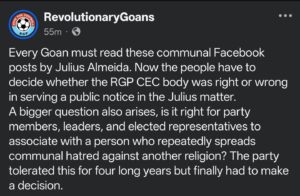 RGP cites alleged communal posts to justify action against Julius Almeida