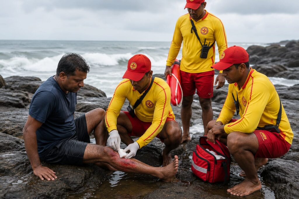 Visitor Injured After Slipping on Rocks at Galgibag, Rescued by Lifesavers