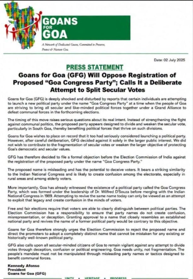 GFG Opposes Registration of Proposed ‘Goa Congress Party’