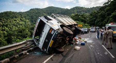 Canter Overturns at Anmod Ghat, Two Injured