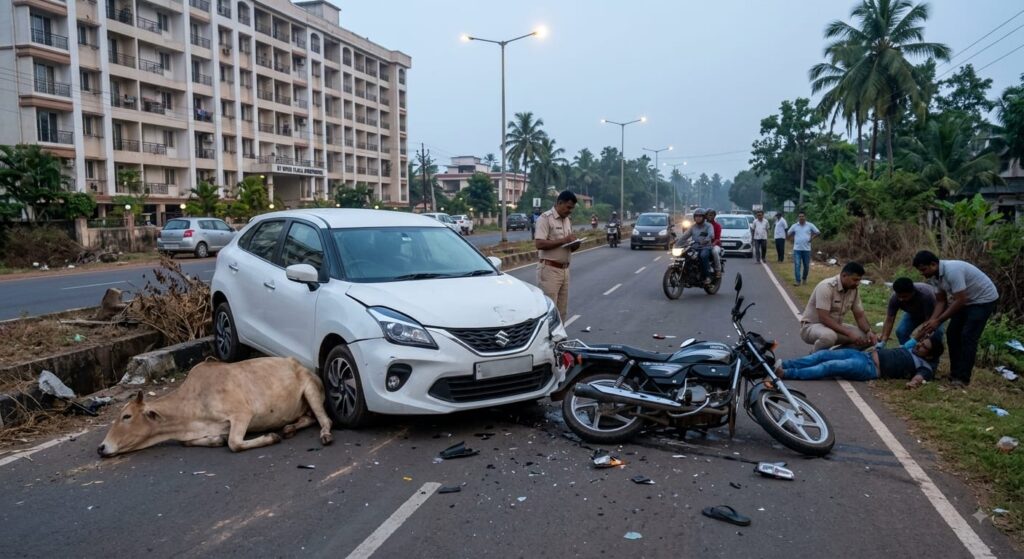Car Rams Motorcycle After Hitting Cow In Navelim