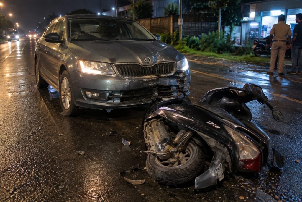 Skoda Rapid Hits Dio Scooter In Sancoale, Rider Injured